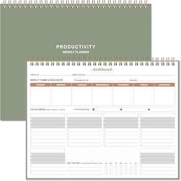 Weekly Productivity Planner - 8.5" x 11" Dashboard Desk Notepad Has 6 Focus Areas to List Tasks for Goals, Projects, Clients, Academic or Meal-Organize Your Daily Work Efficiently, 54 Weeks, Green