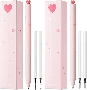 Kaco FIRST Gel Pens Cute Stationery, Pack of 2 Pieces Heart Pen Set with Extra 4 Black Refills (2 Pink)